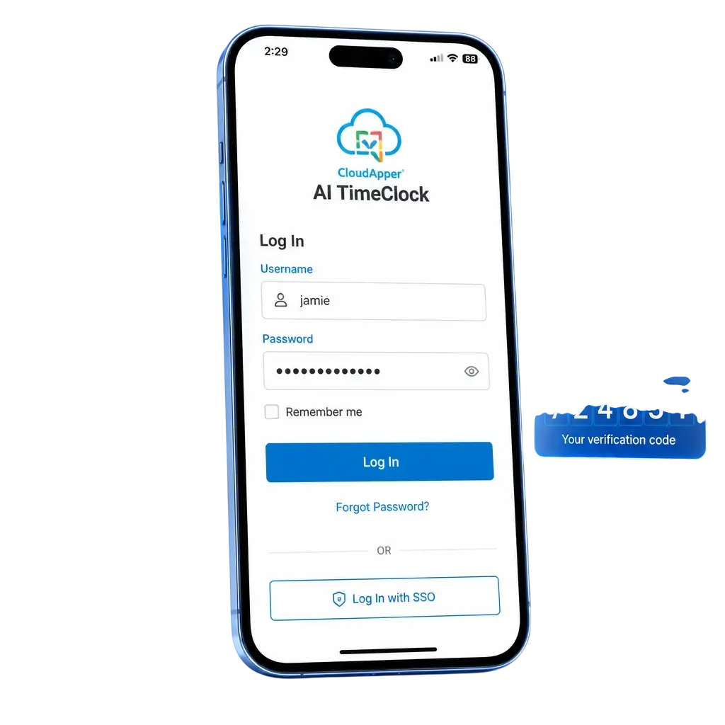 2UP app screen showing SSL encryption, two factor authentication, and device permission settings for storage, camera, and notifications.