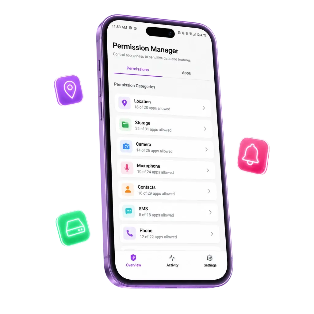 List of device permissions the app requests, including storage, notifications, camera, and location access for core app features.
