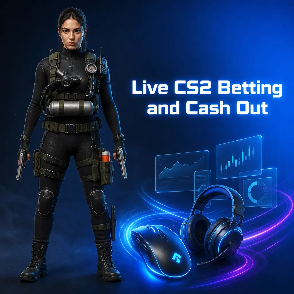 Live CS2 betting interface at 2UP showing real-time odds, round stats, and cash out options during a match