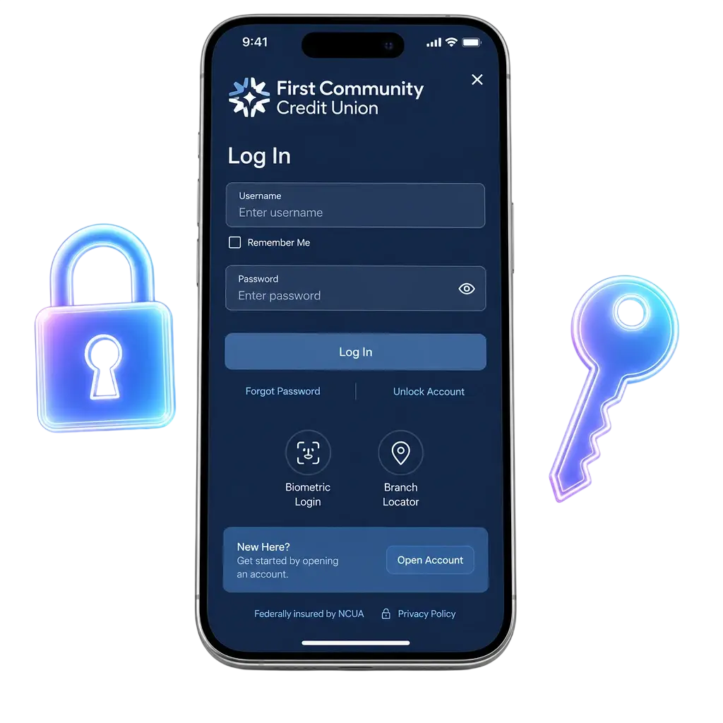 Step-by-step guide showing how to log in to the app using mobile number, email, password, or biometric unlock.