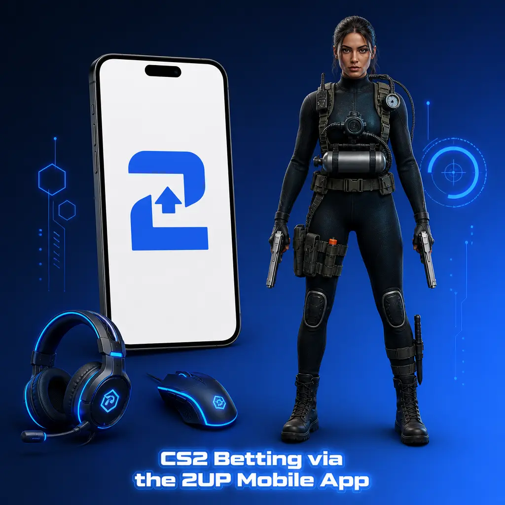 CS2 betting on the 2UP mobile app showing match odds, live markets and bet slip for Android and iOS users.