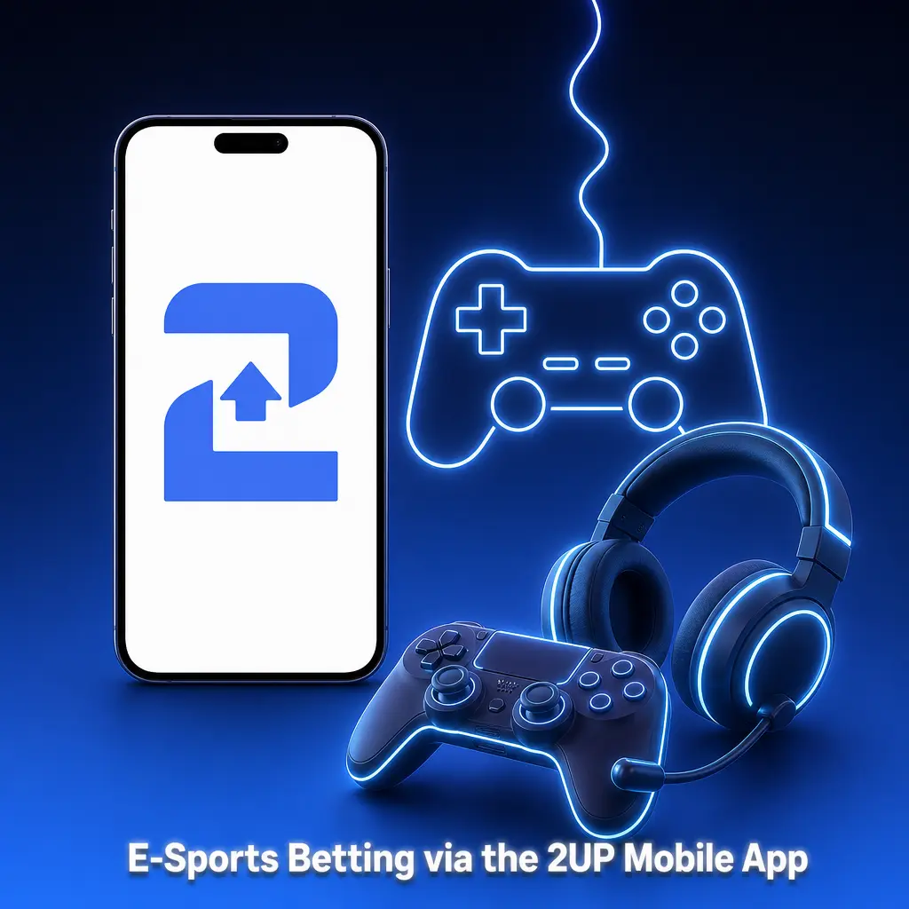 2UP mobile app screen showing esports betting menu with live odds, match list, and bet slip for Android and iOS users.