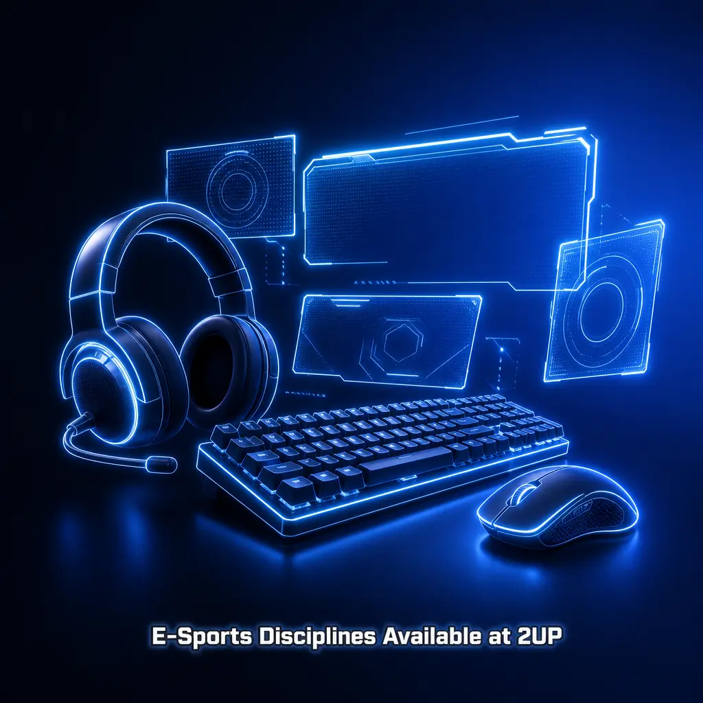 Esports betting lineup at 2UP featuring CS2, Dota 2, League of Legends, Valorant, StarCraft II, and more titles.