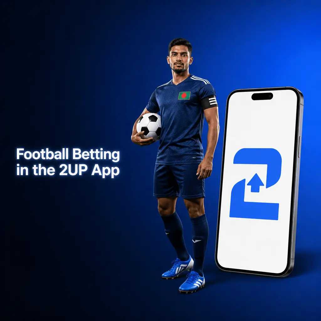 Screenshot of the 2UP app showing football betting markets, live matches, and odds for Android and iOS mobile users