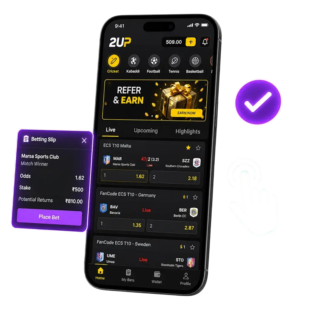 Step-by-step guide showing how to place a bet using the 2UP app: select sport, tap odds, enter stake, confirm bet.
