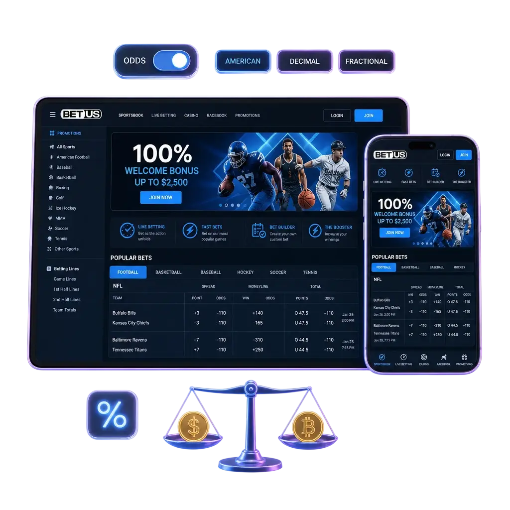 2UP odds formats screen showing decimal, fractional, and American price options in the account settings menu.