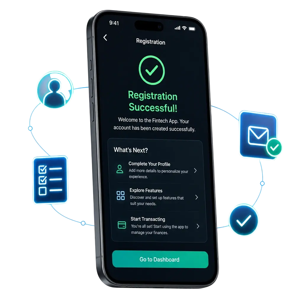 Step-by-step registration screen in the 2UP app showing account sign-up with mobile number and OTP verification