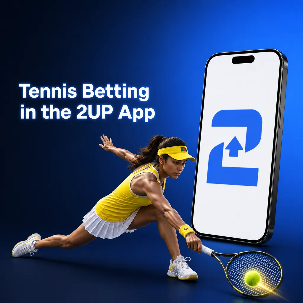 2UP mobile app tennis betting hub showing tournaments, live scores, in-play odds, and match statistics on smartphone screen